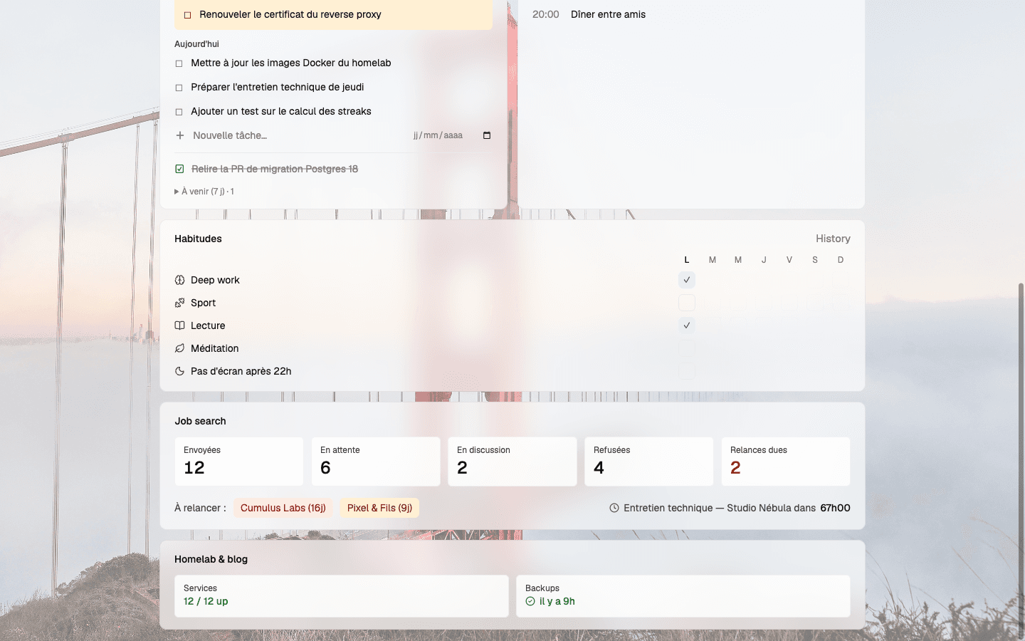Le bas du cockpit : habitudes de la semaine, suivi de candidatures et état du homelab