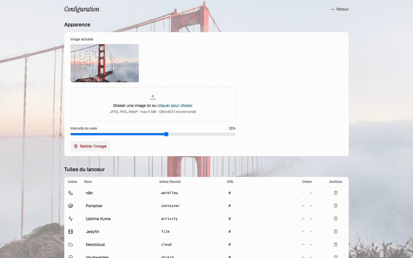Page de configuration : image de fond, intensité du voile et tuiles du lanceur