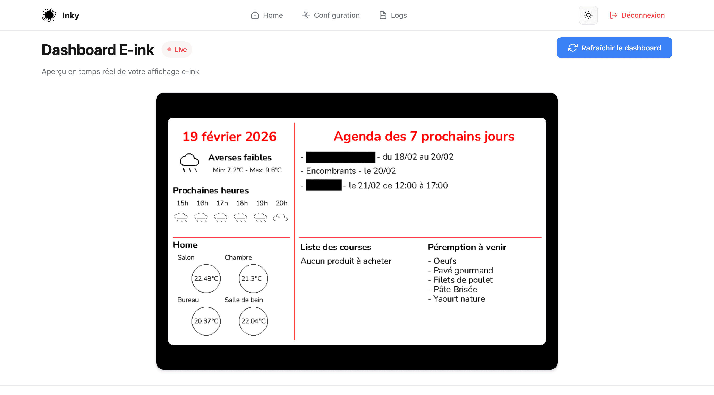 Homepage de l'interface web