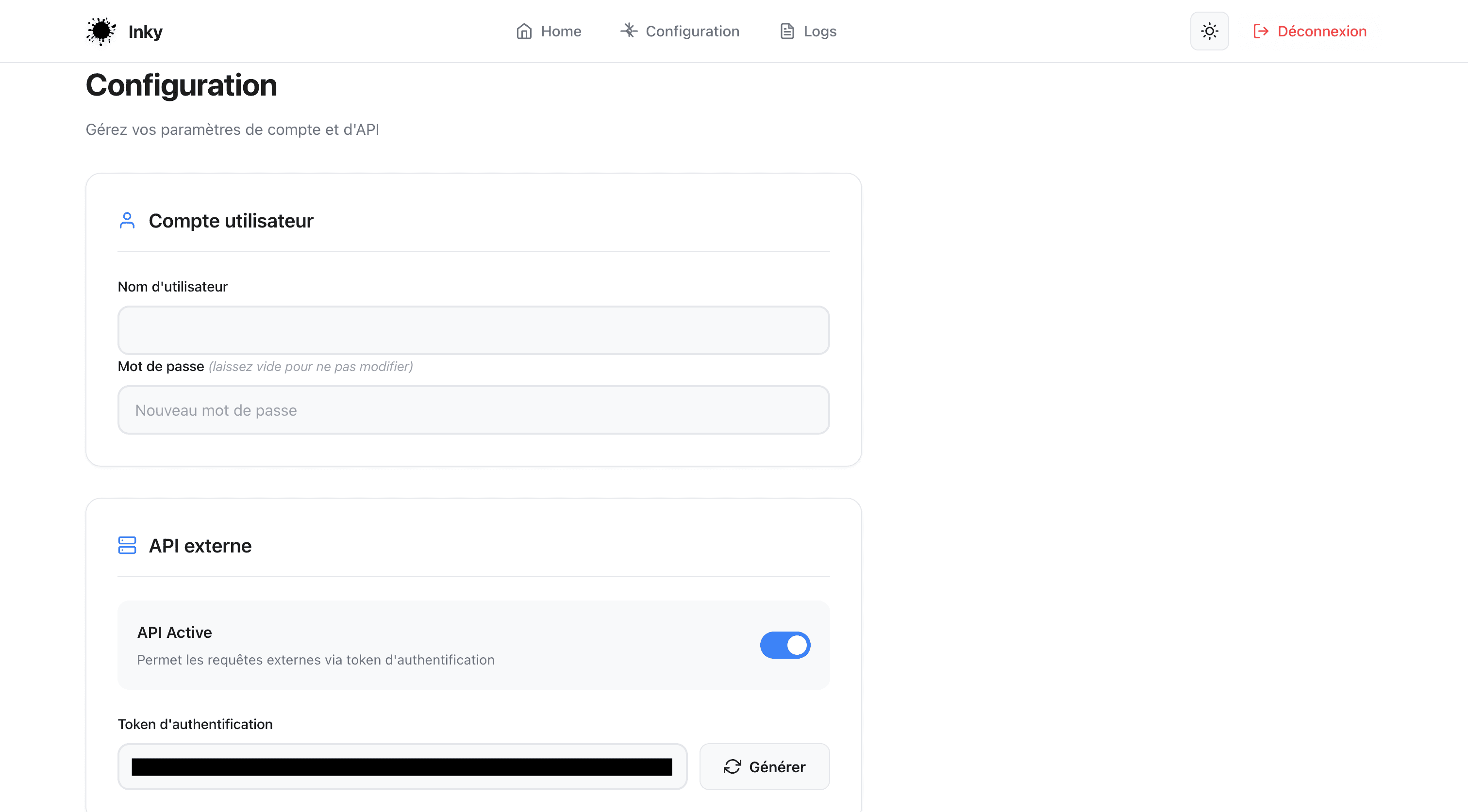 Page configuration de l'interface web