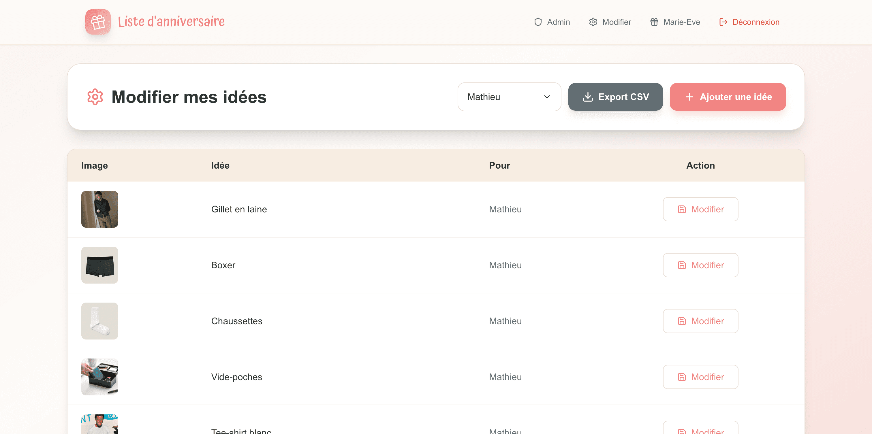Page admin - Gestion de la liste